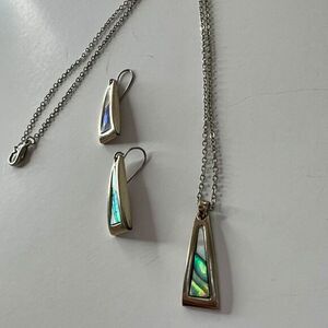 Abalone Silver Tone Pendant Necklace and Dangle Earrings Jewelry Set